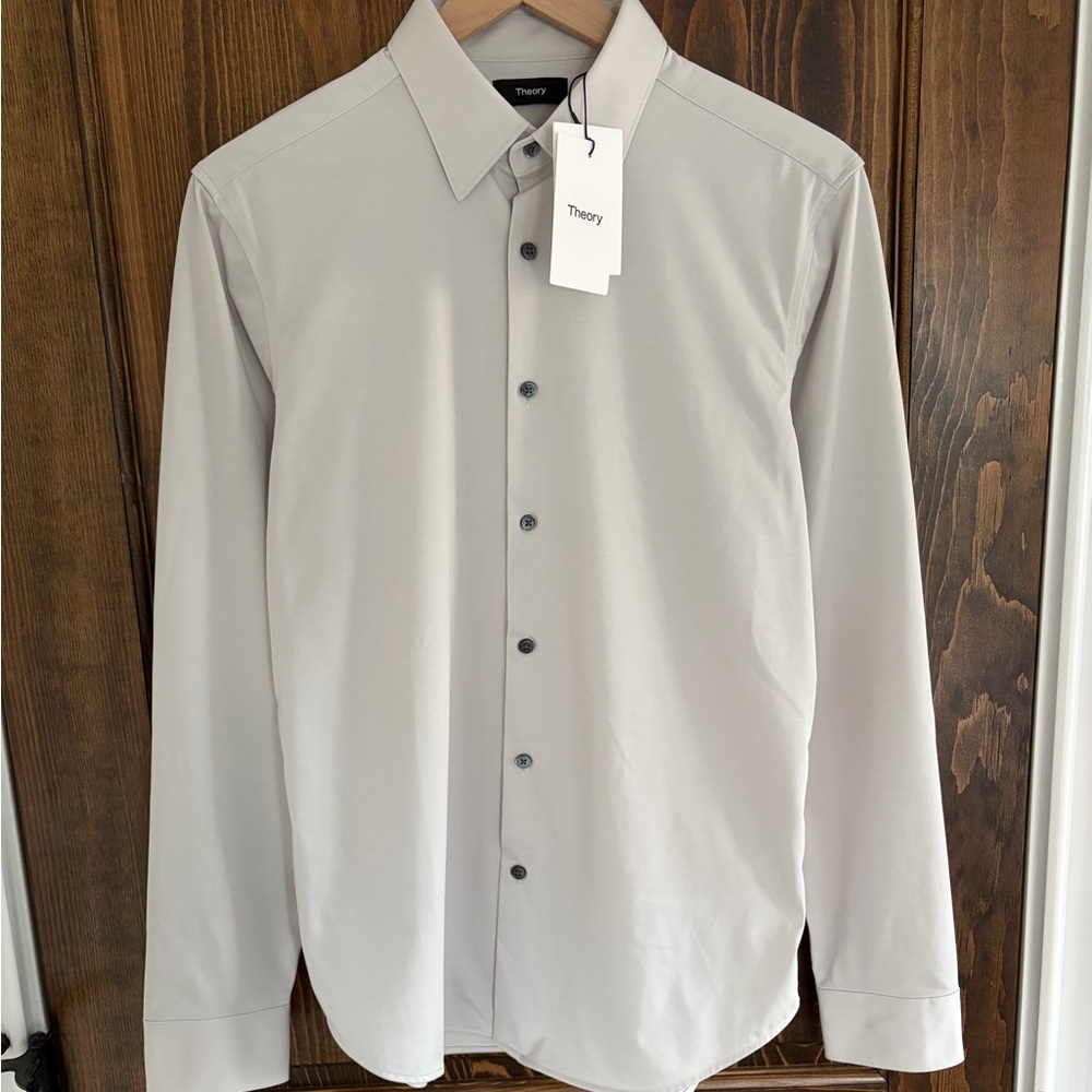 NWT Theory Men's Sylvain Light Gray Button Down Shirt in Structured Knit